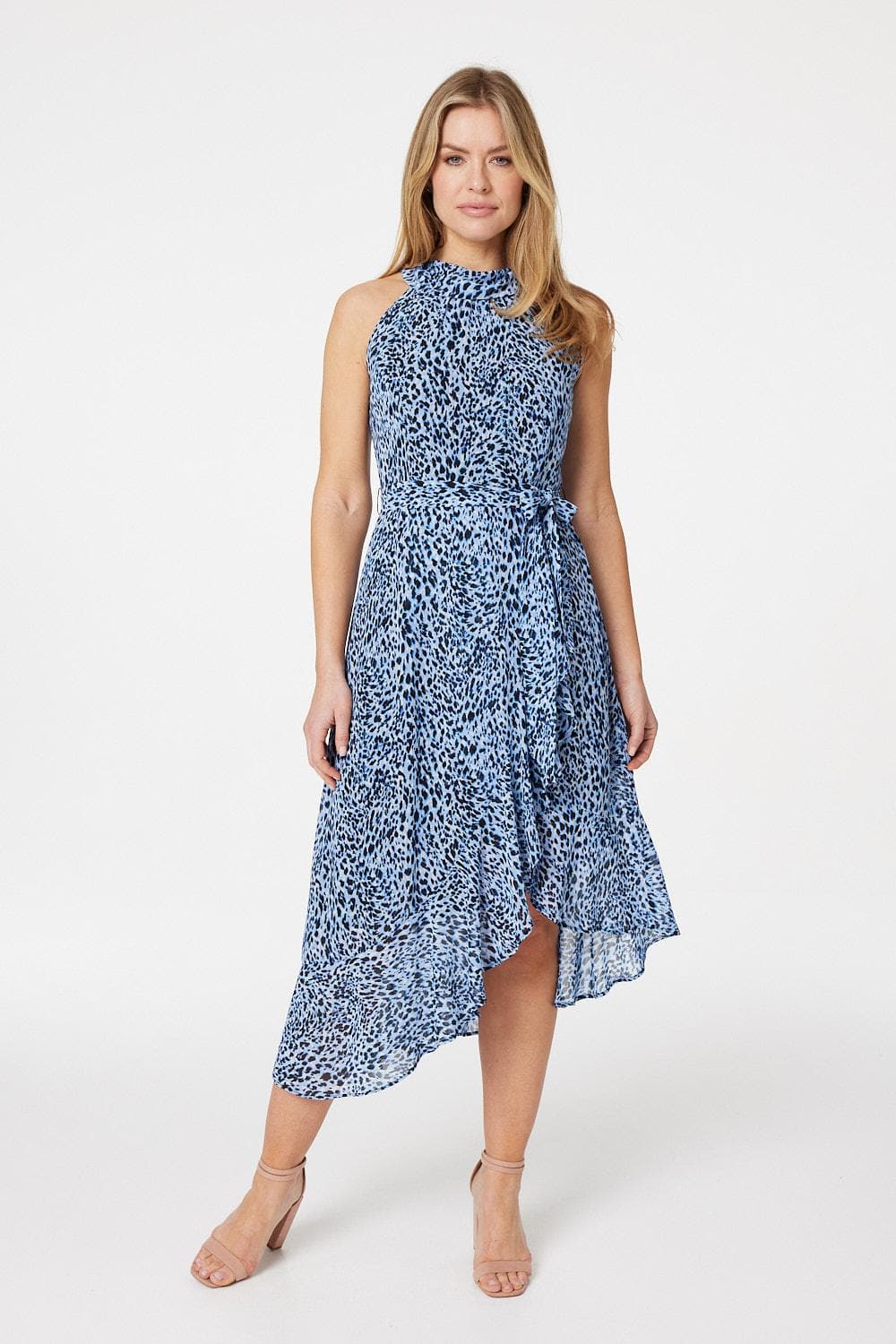 Blue | Leopard Print High Low Midi Dress : Model is 5'10"/178 cm and wears UK8/EU36/US4/AUS8