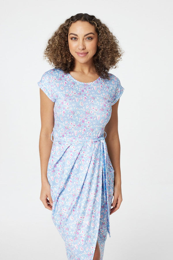 Light Blue | Ditsy Floral Tulip Hem Midi Dress