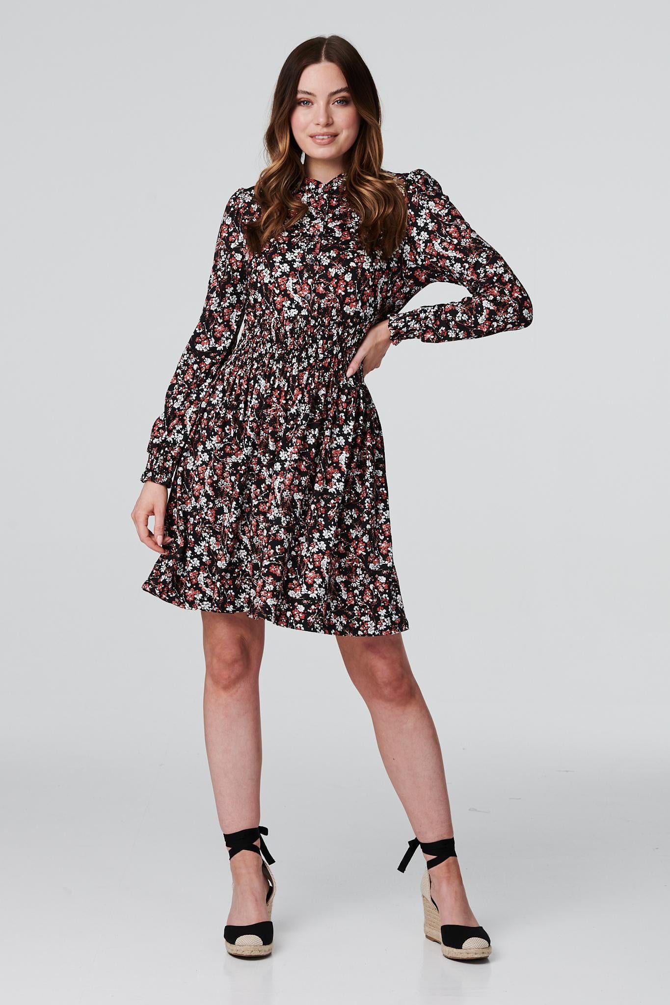 Black | Floral 1/2 Button Front Skater Dress