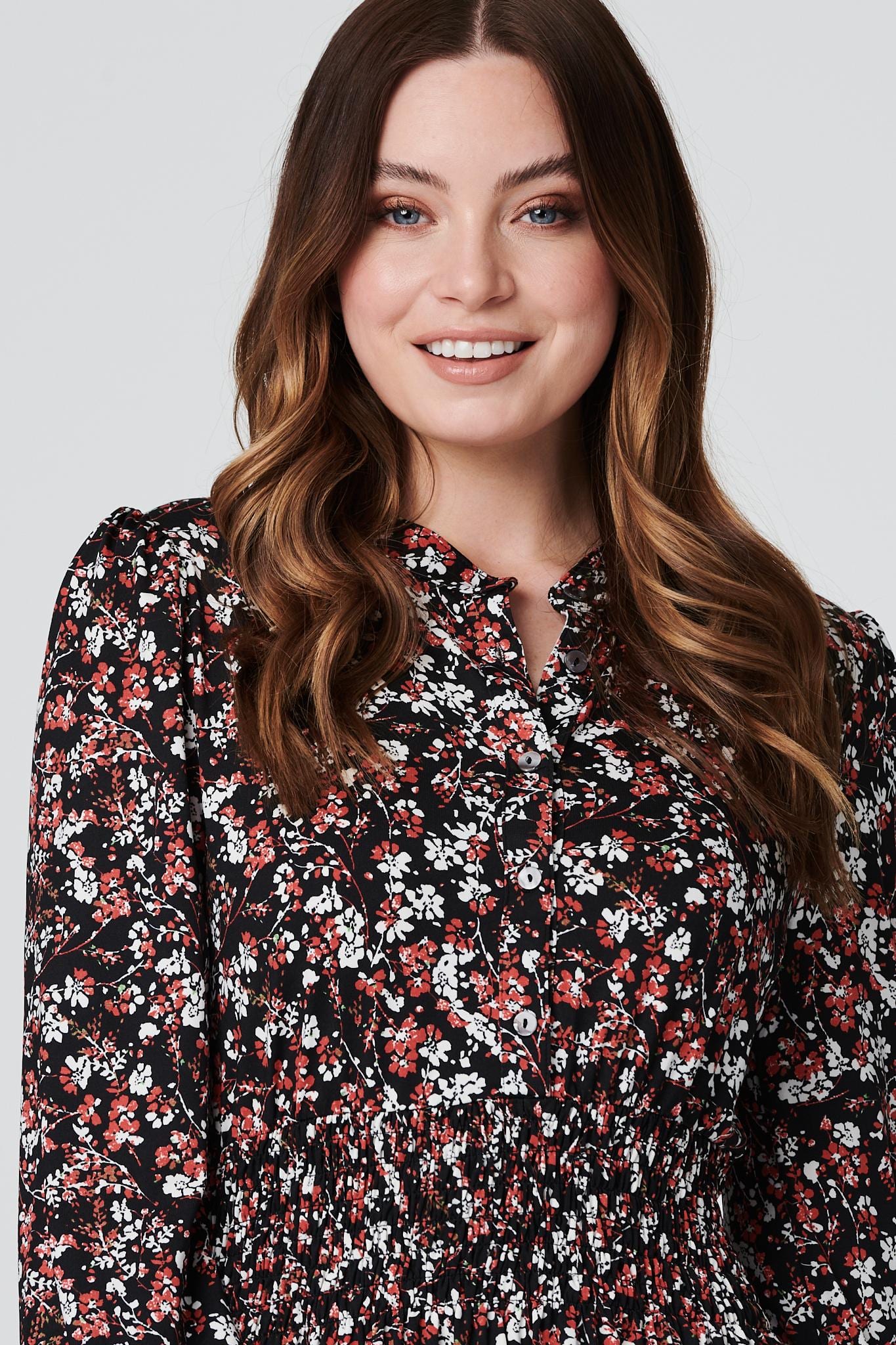 Black | Floral 1/2 Button Front Skater Dress