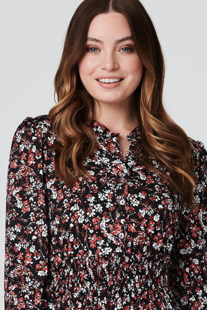 Black | Floral 1/2 Button Front Skater Dress