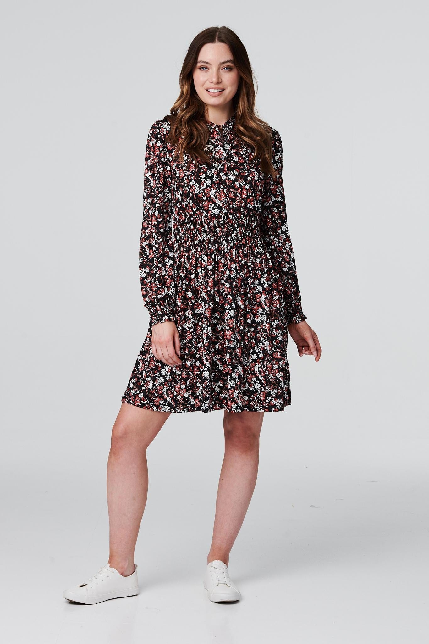 Black | Floral 1/2 Button Front Skater Dress