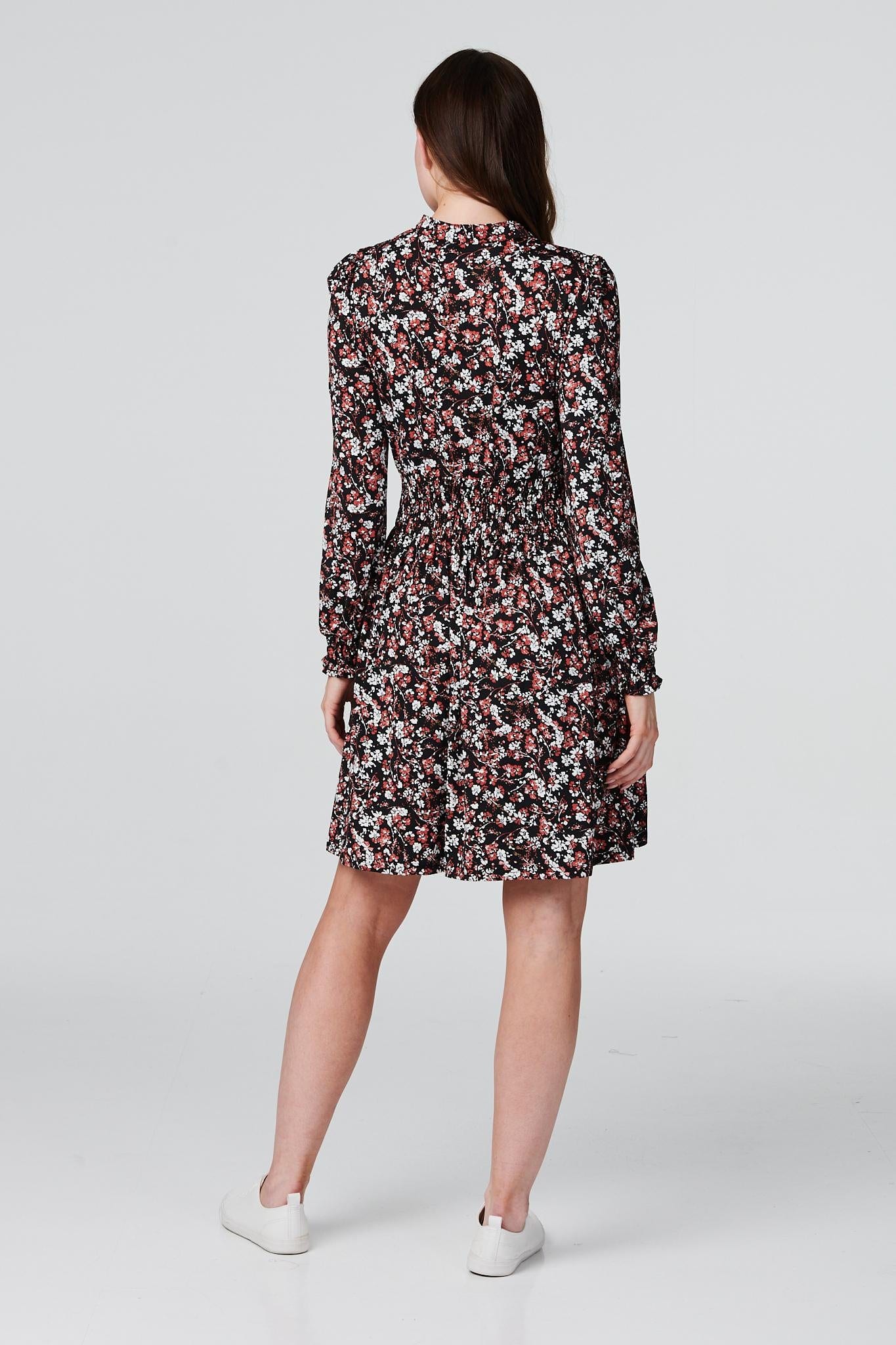 Black | Floral 1/2 Button Front Skater Dress
