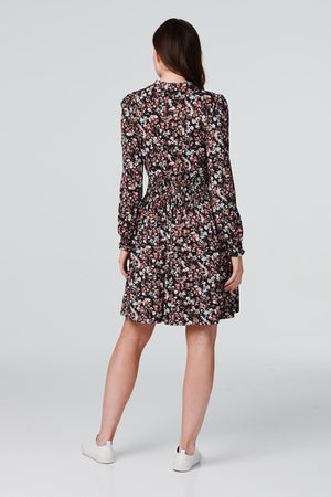 Black | Floral 1/2 Button Front Skater Dress