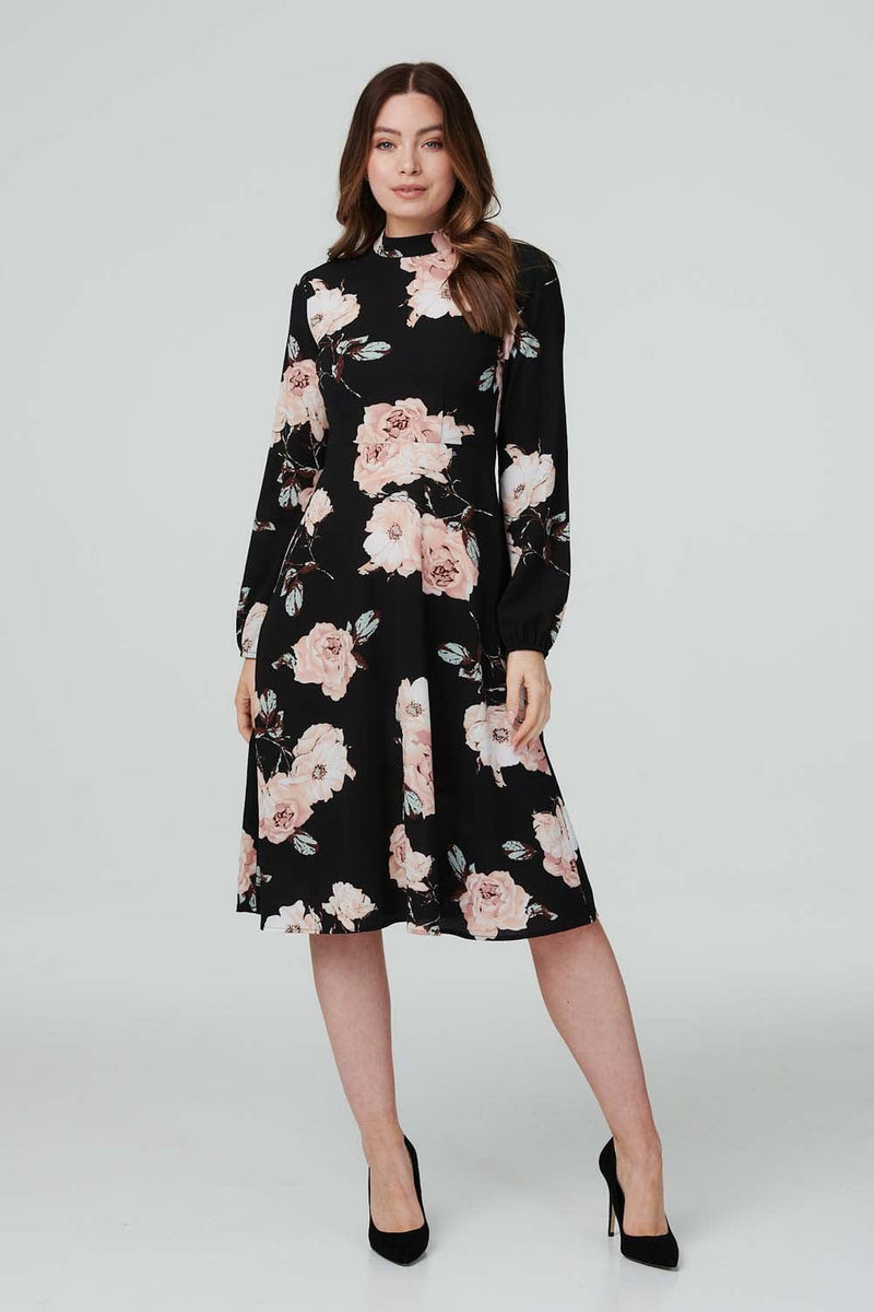 Black | Rose Print High Neck Midi Dress