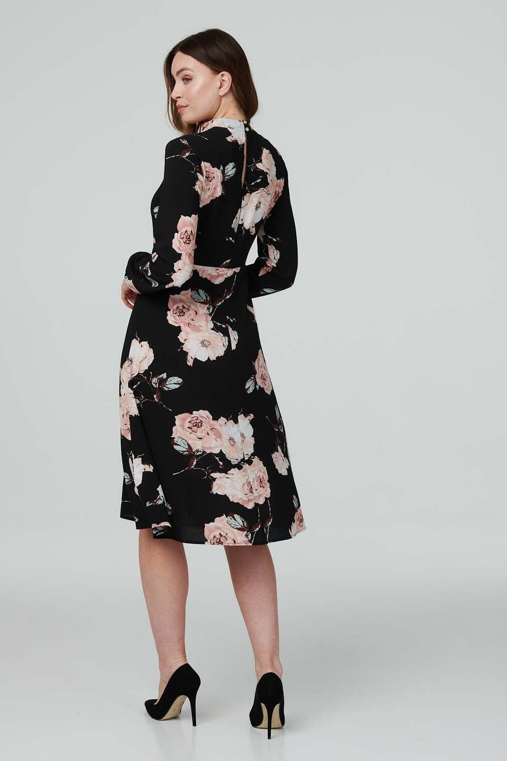 Black | Rose Print High Neck Midi Dress