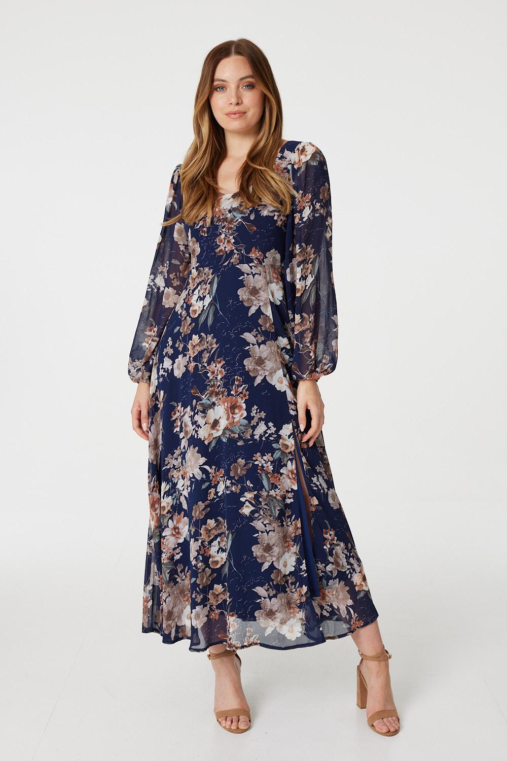 Navy | Floral Square Neck Maxi Dress