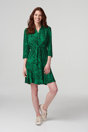 Green | Leaf Print Pephem Shirt Dress