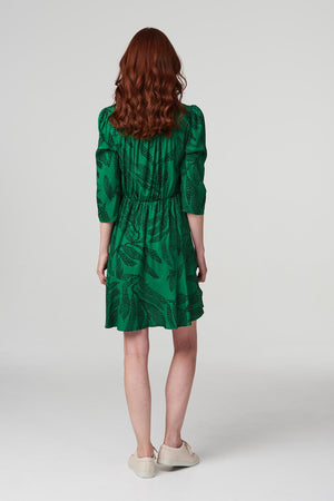 Green | Leaf Print Pephem Shirt Dress