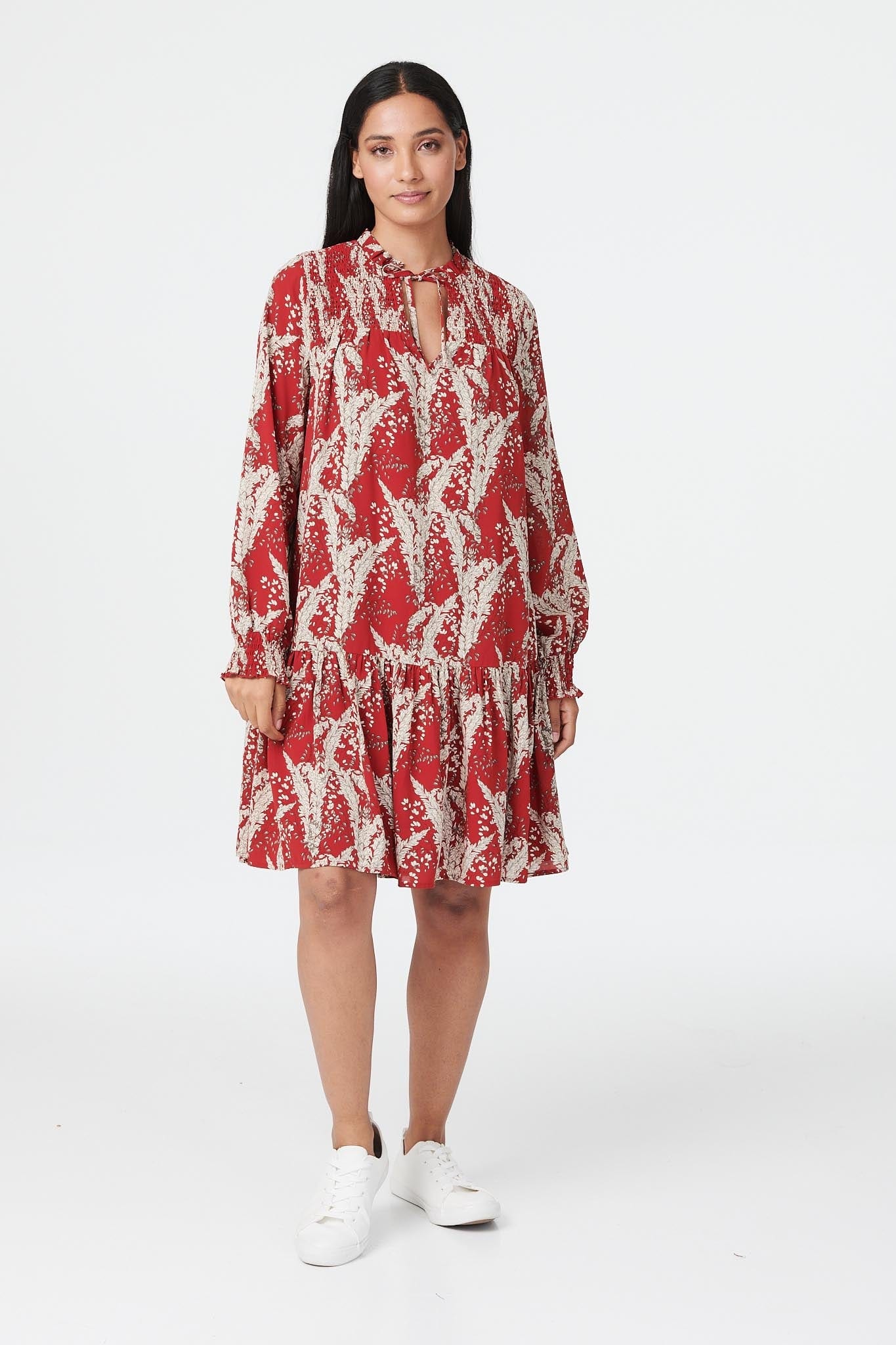 Red | Floral Long Sleeve Smock Dress