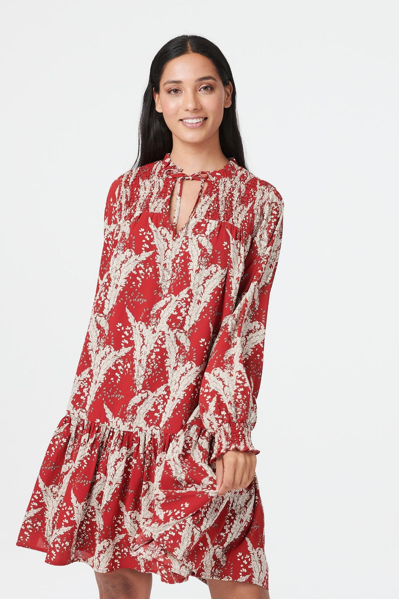Red | Floral Long Sleeve Smock Dress