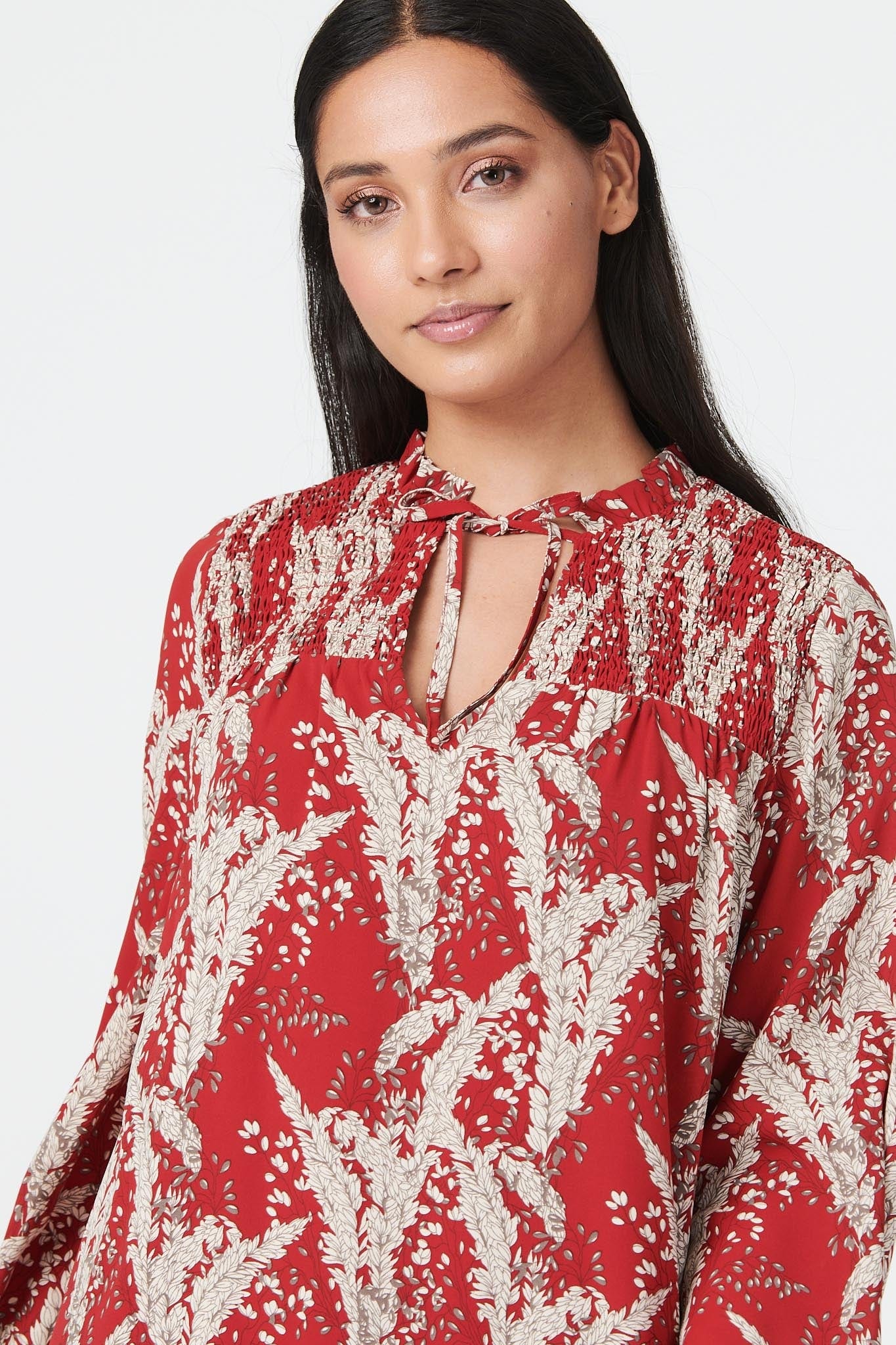 Red | Floral Long Sleeve Smock Dress