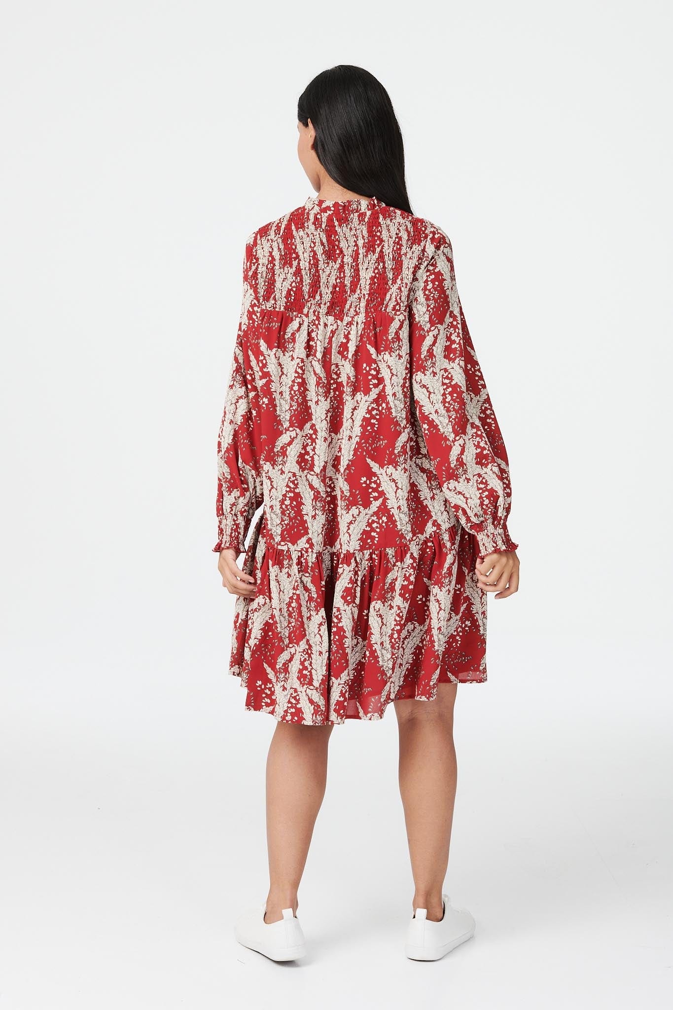 Red | Floral Long Sleeve Smock Dress