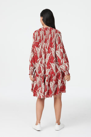 Red | Floral Long Sleeve Smock Dress