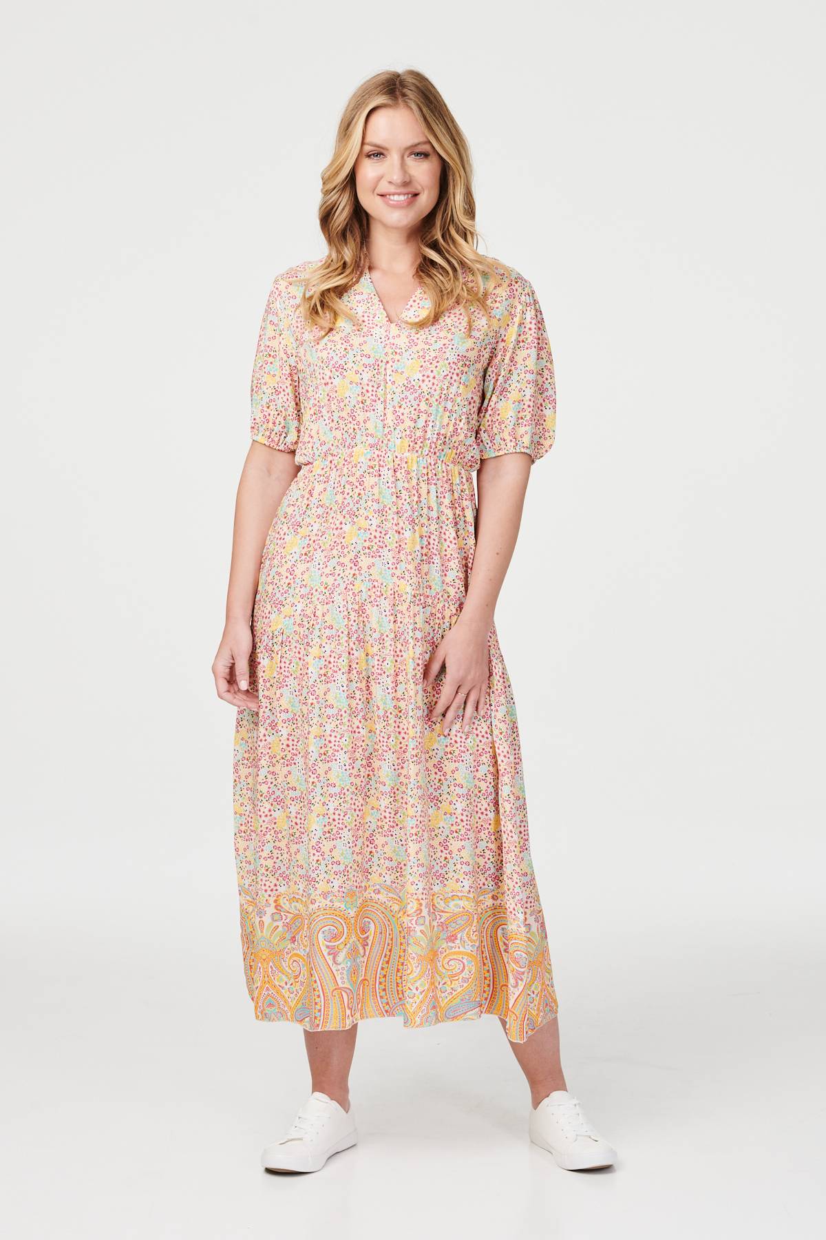 Yellow | Retro Floral V-Neck Smock Dress