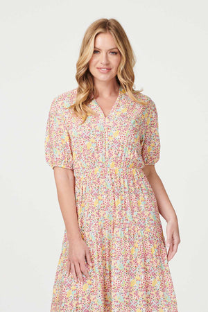 Yellow | Retro Floral V-Neck Smock Dress