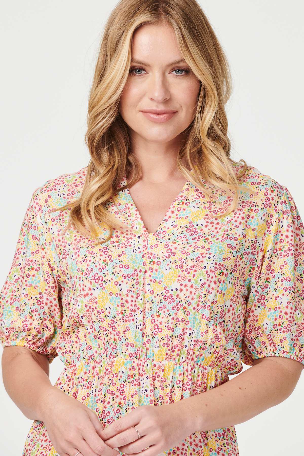 Yellow | Retro Floral V-Neck Smock Dress