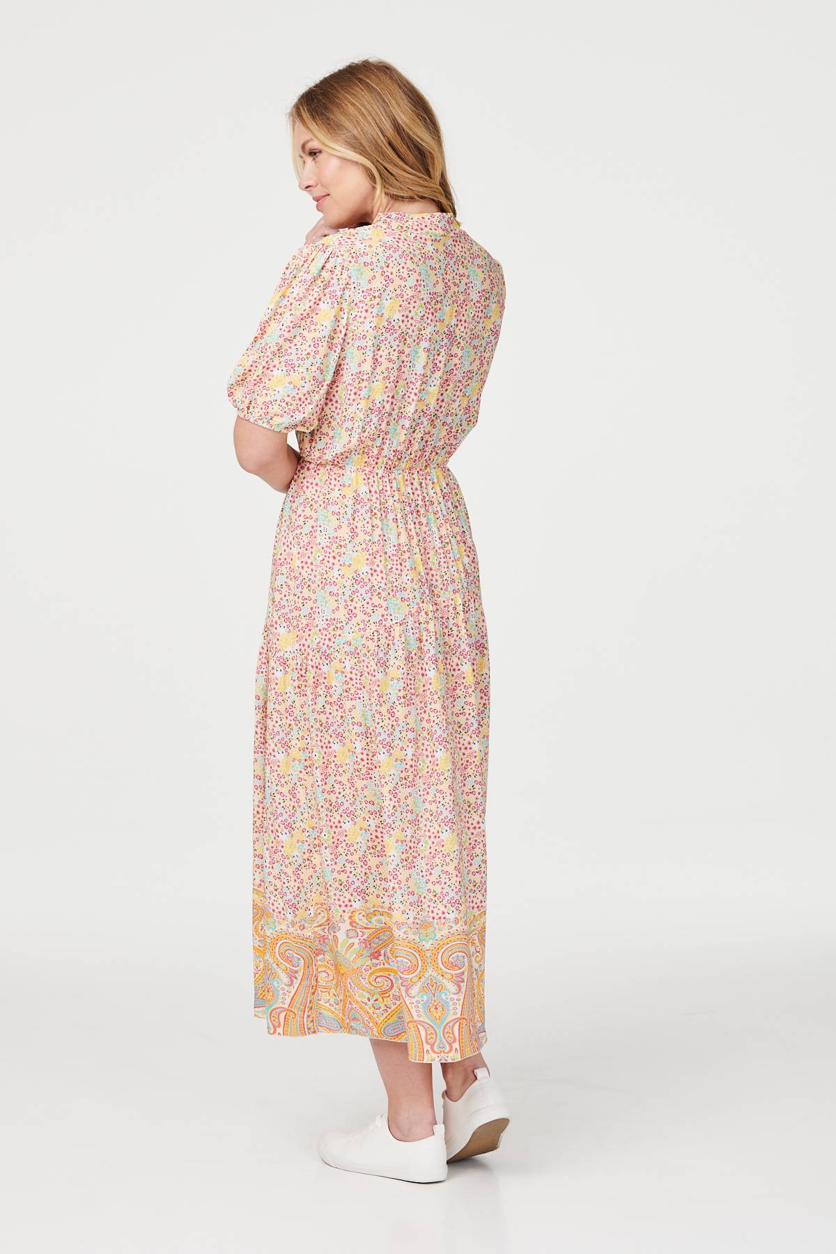 Yellow | Retro Floral V-Neck Smock Dress