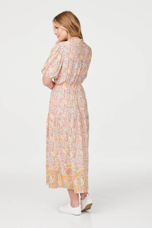 Yellow | Retro Floral V-Neck Smock Dress