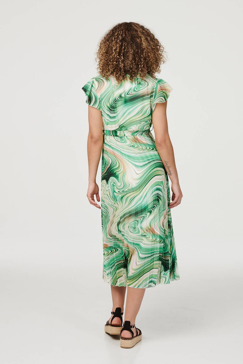 Green | Marble Print Pleated Midi Dress
