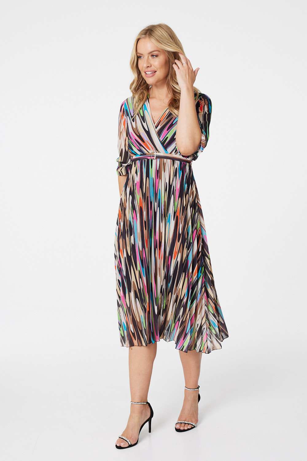 Black | Striped Wrap Front Midi Dress