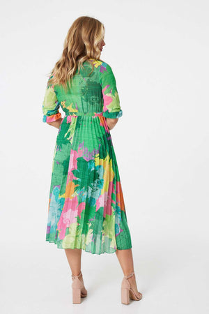 Green | Floral 1/2 Sleeve Pleated Midi Dress