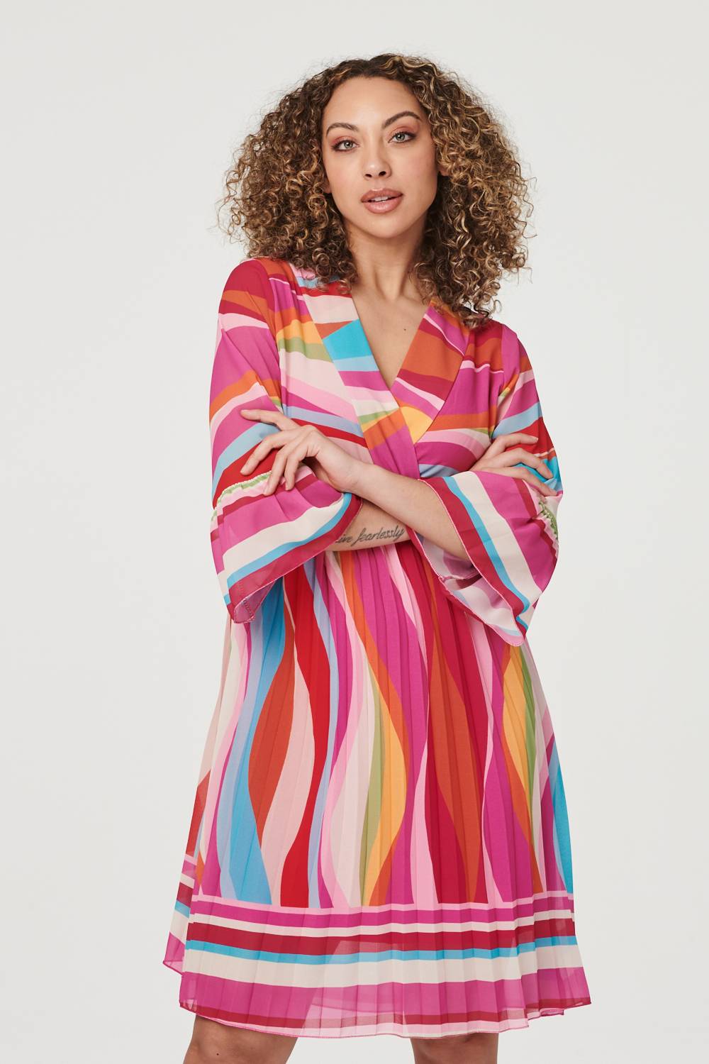 Pink | Retro Print 3/4 Sleeve Pleated Dress