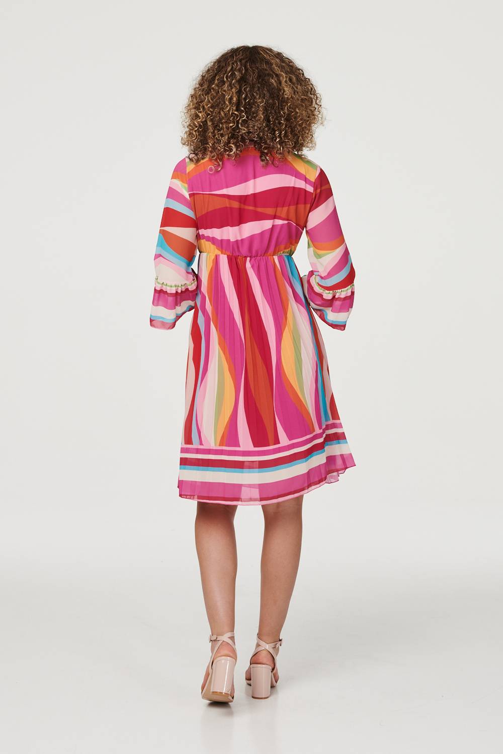 Pink | Retro Print 3/4 Sleeve Pleated Dress