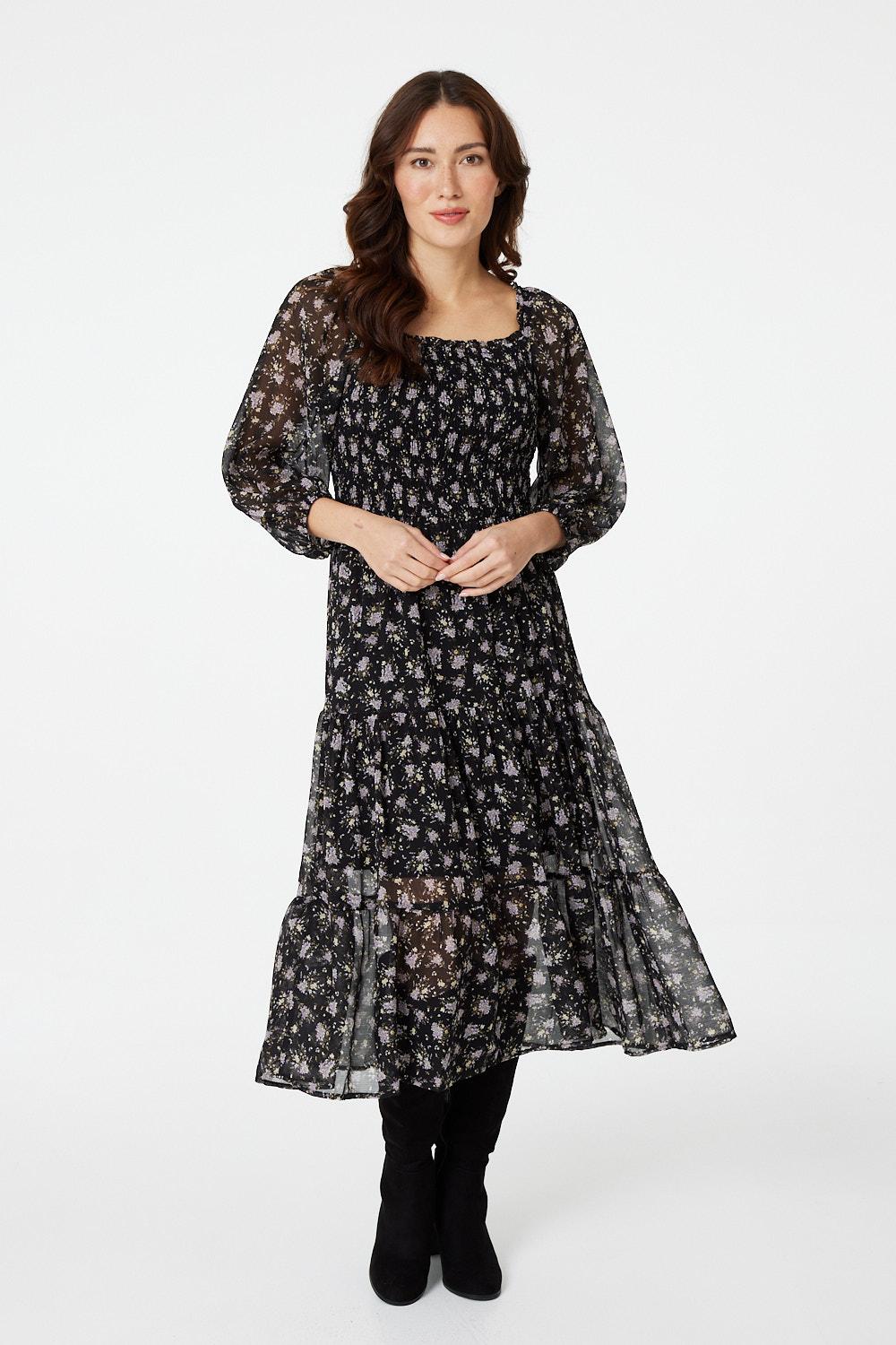 Black | Floral 3/4 Sleeve Smocked Midi Dress