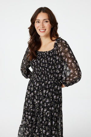 Black | Floral 3/4 Sleeve Smocked Midi Dress