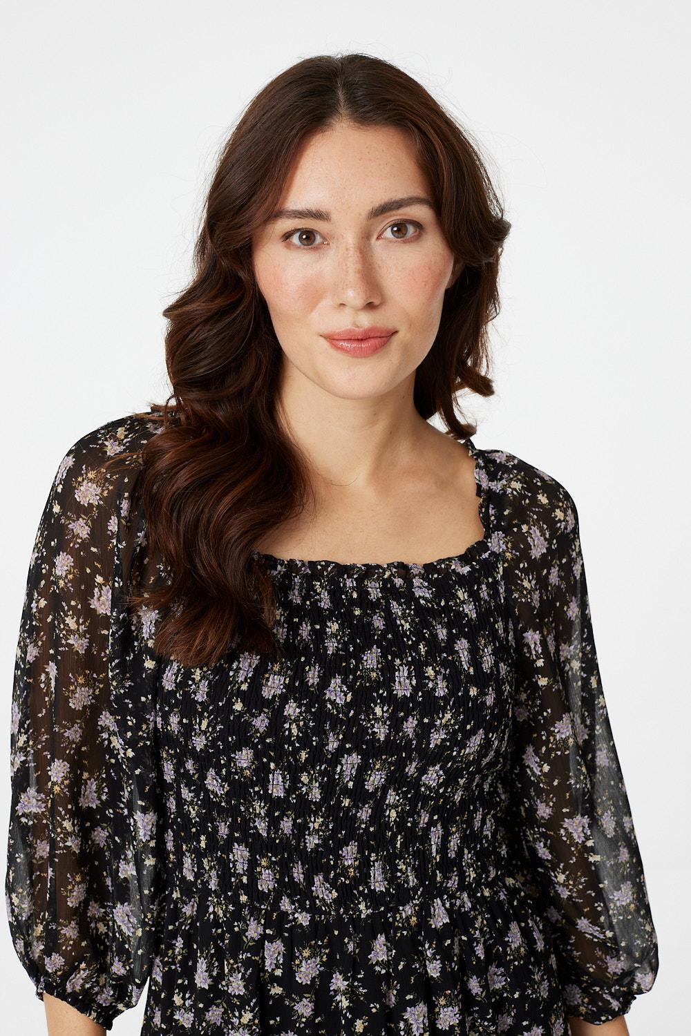 Black | Floral 3/4 Sleeve Smocked Midi Dress