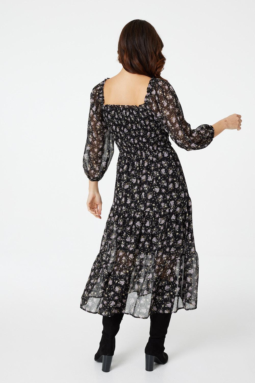 Black | Floral 3/4 Sleeve Smocked Midi Dress