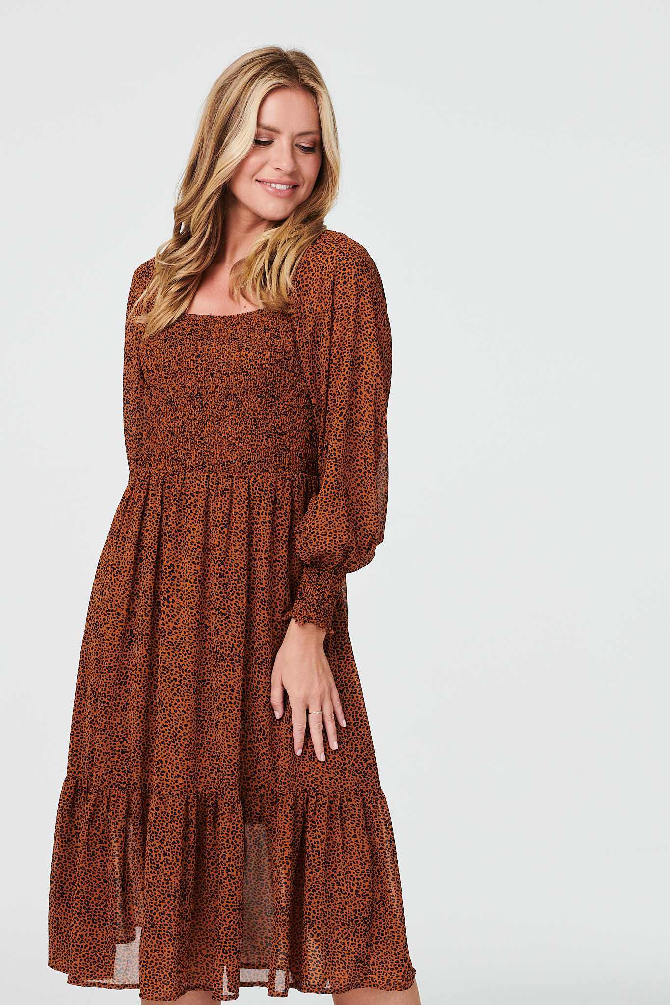 Mustard | Ditsy Print Square Neck Midi Dress