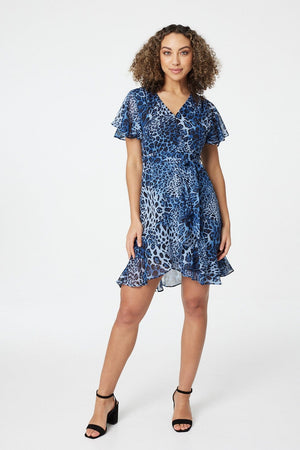 Blue | Leopard Print Short Wrap Dress