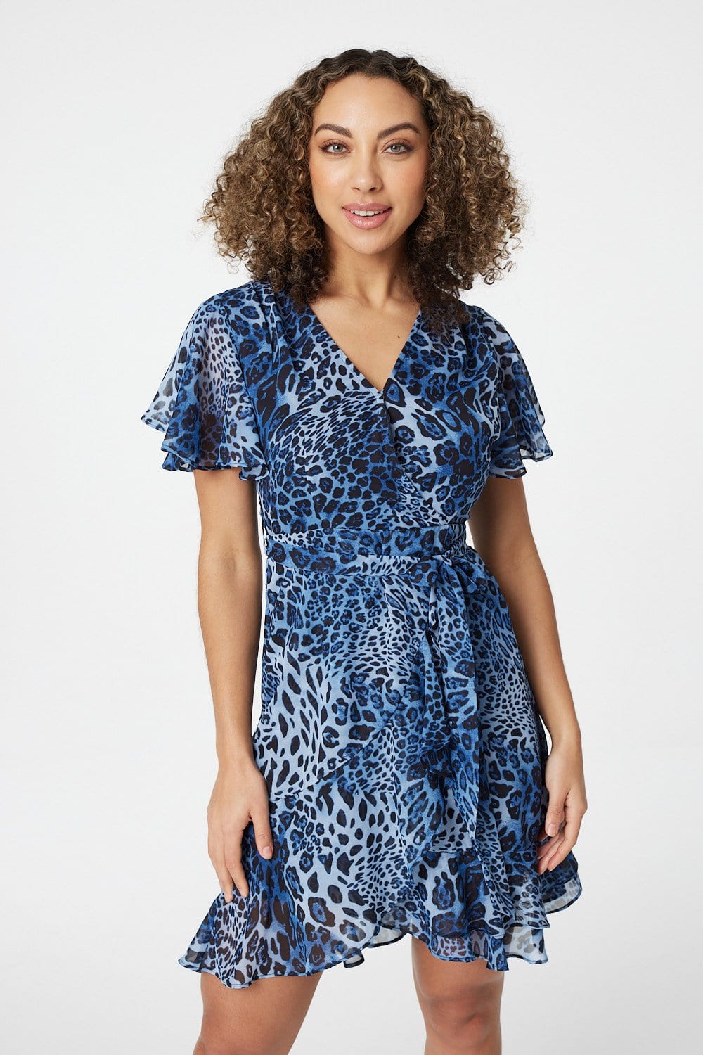 Blue | Leopard Print Short Wrap Dress