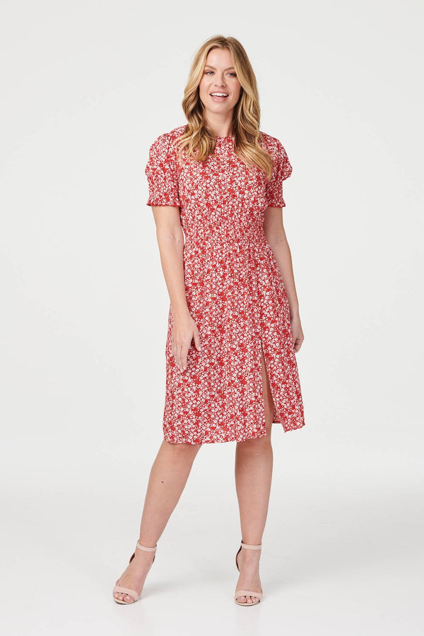 Red | Floral Short Sleeve Tea Dress
