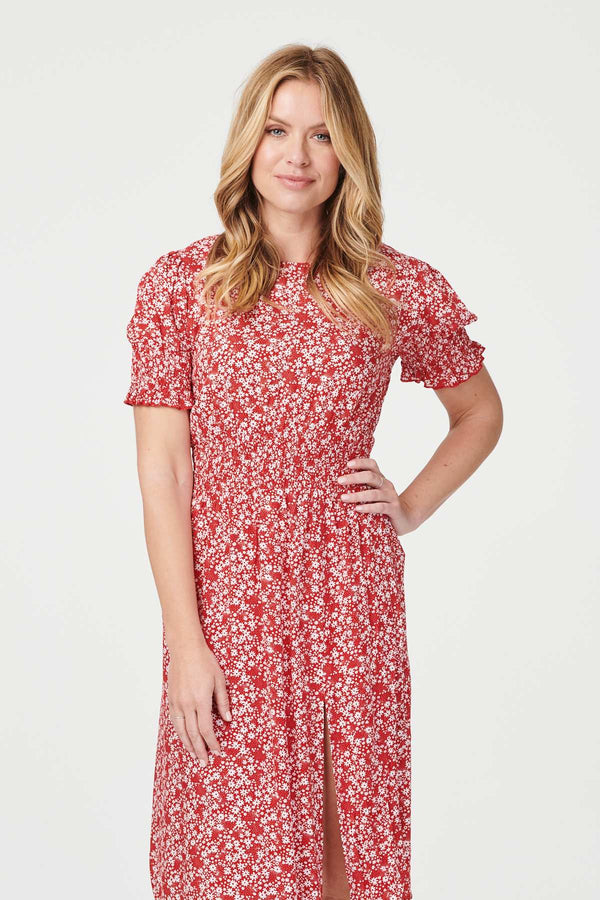 Red | Floral Short Sleeve Tea Dress