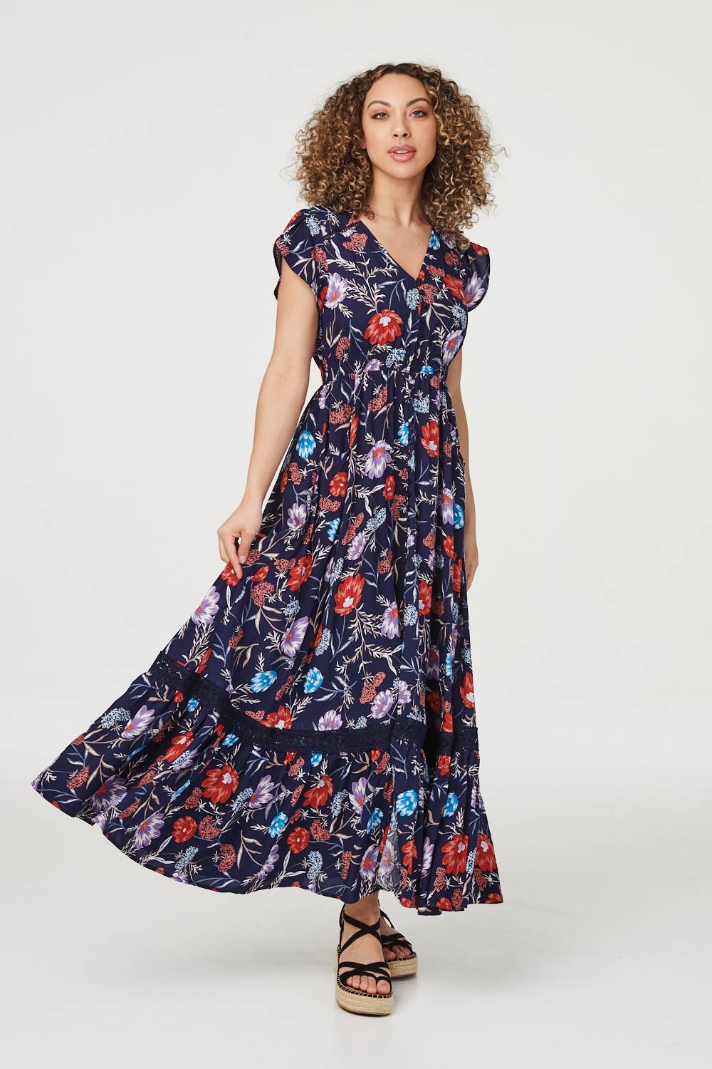 Navy | Floral Cap Sleeve Maxi Dress