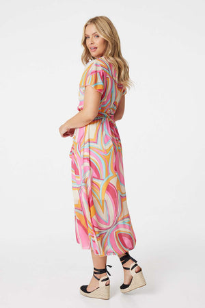 Pink | Retro Print Wrap Front Midi Dress