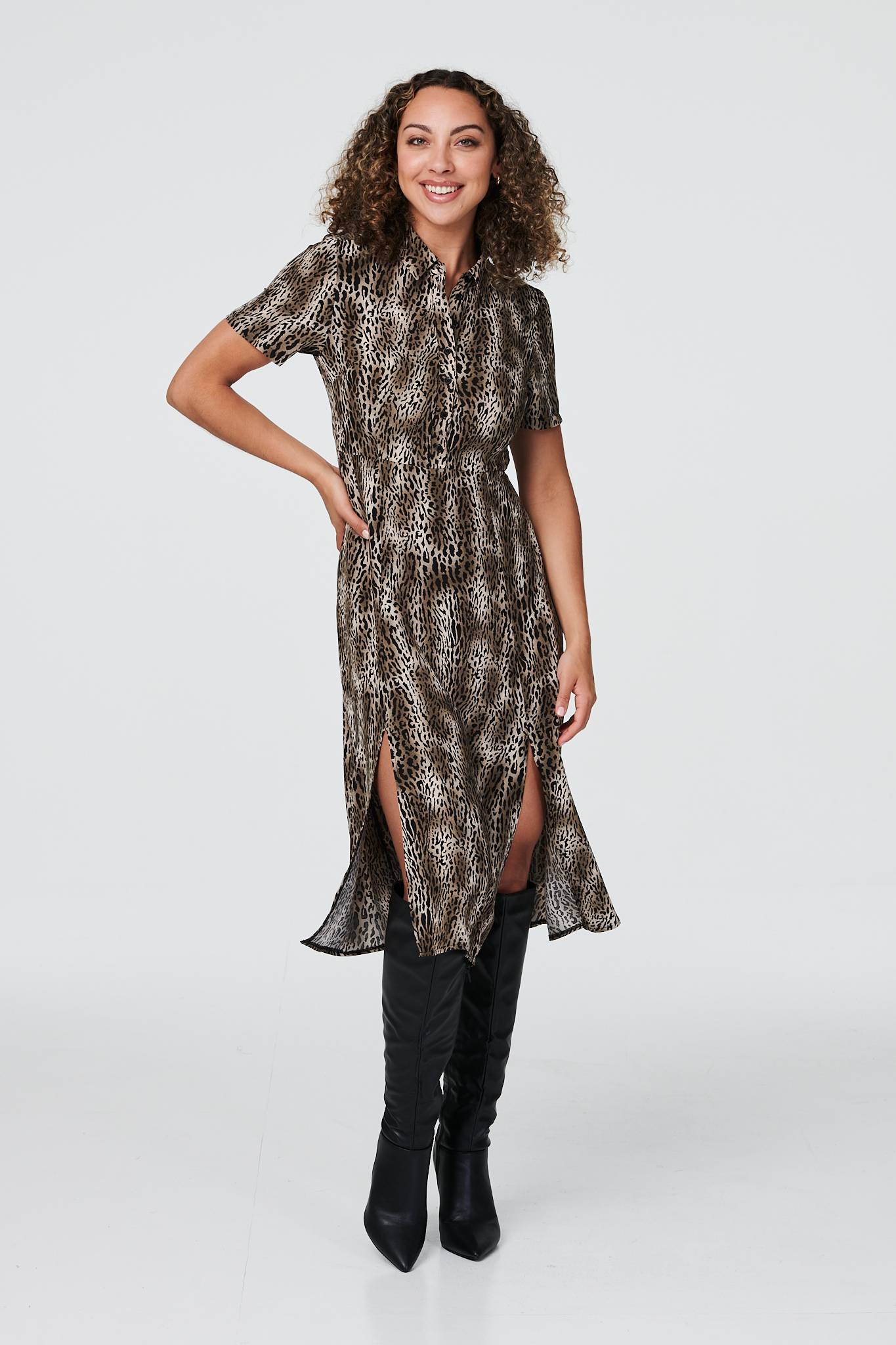 Khaki | Animal Print 1/2 Button Front Dress