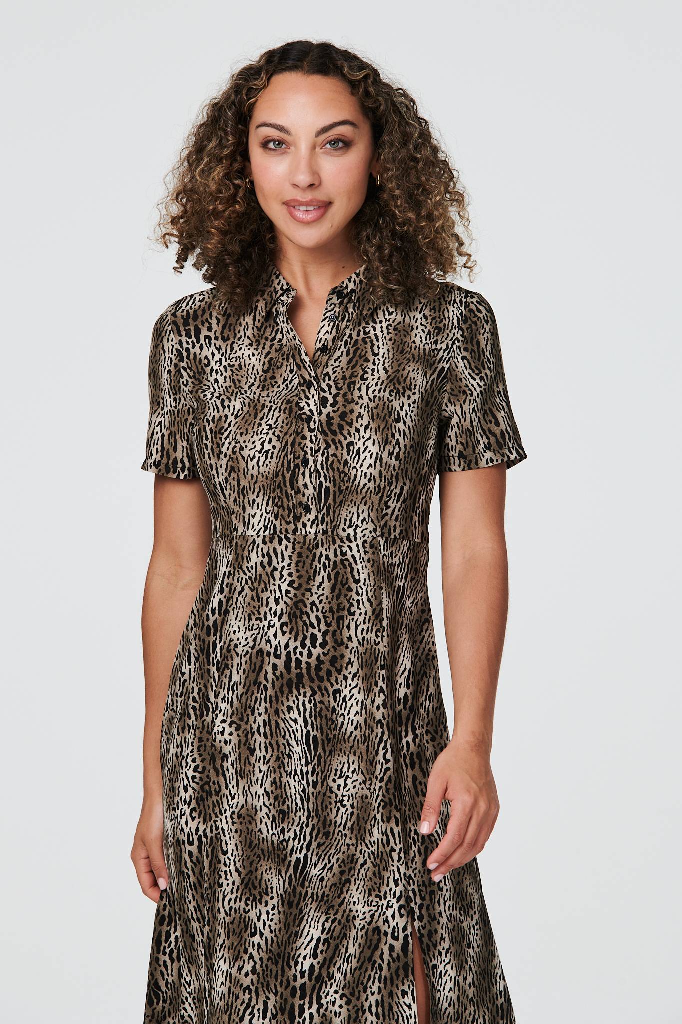 Khaki | Animal Print 1/2 Button Front Dress