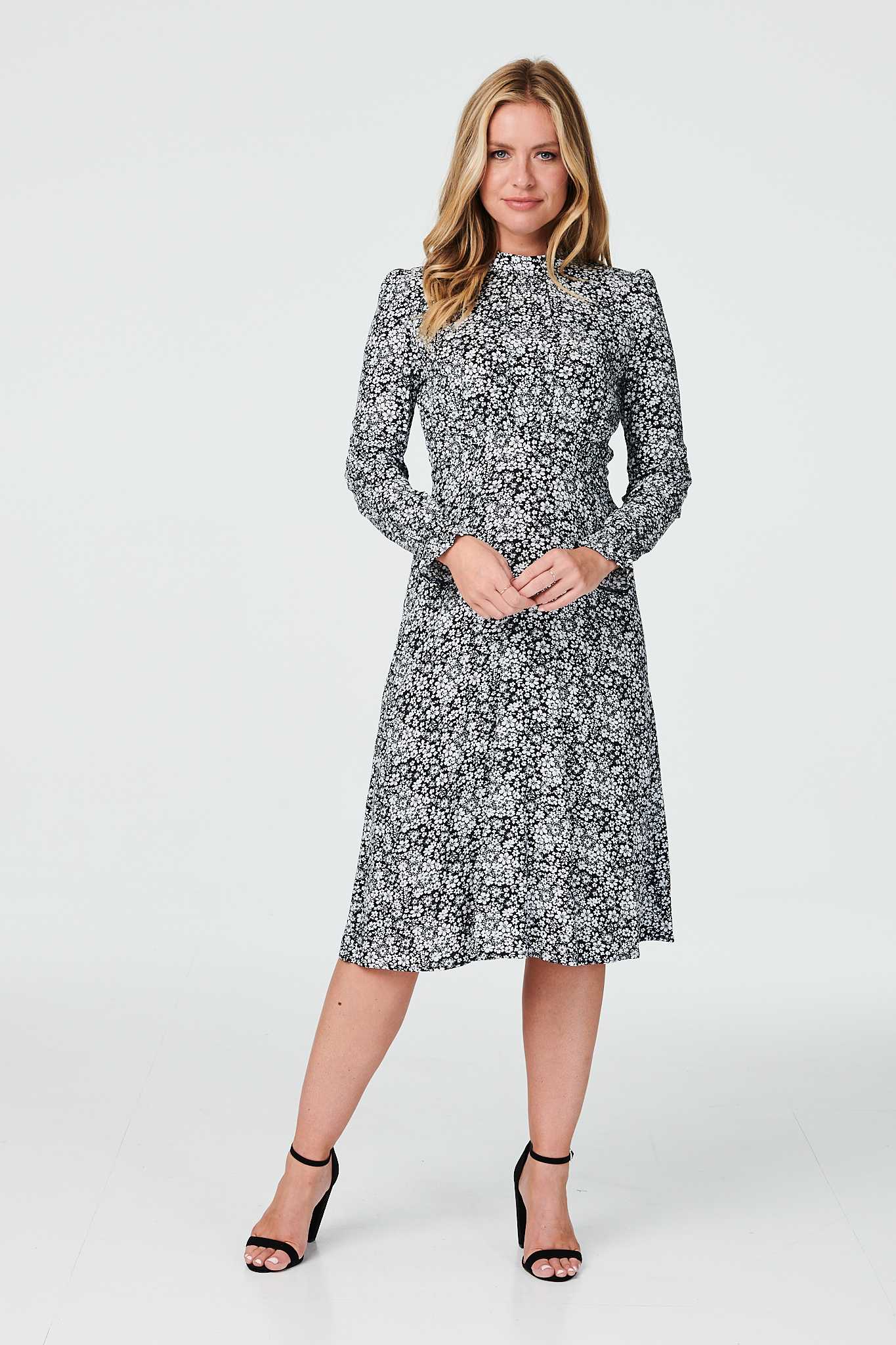 Black | Floral High Neck Long Sleeve Dress