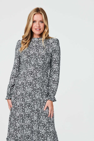 Black | Floral High Neck Long Sleeve Dress