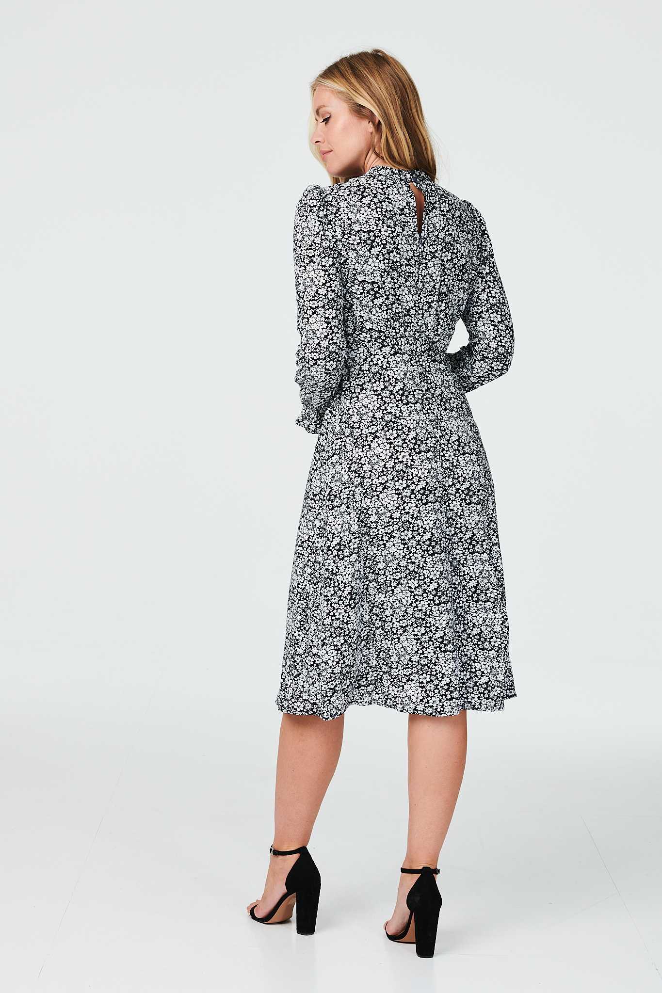 Black | Floral High Neck Long Sleeve Dress