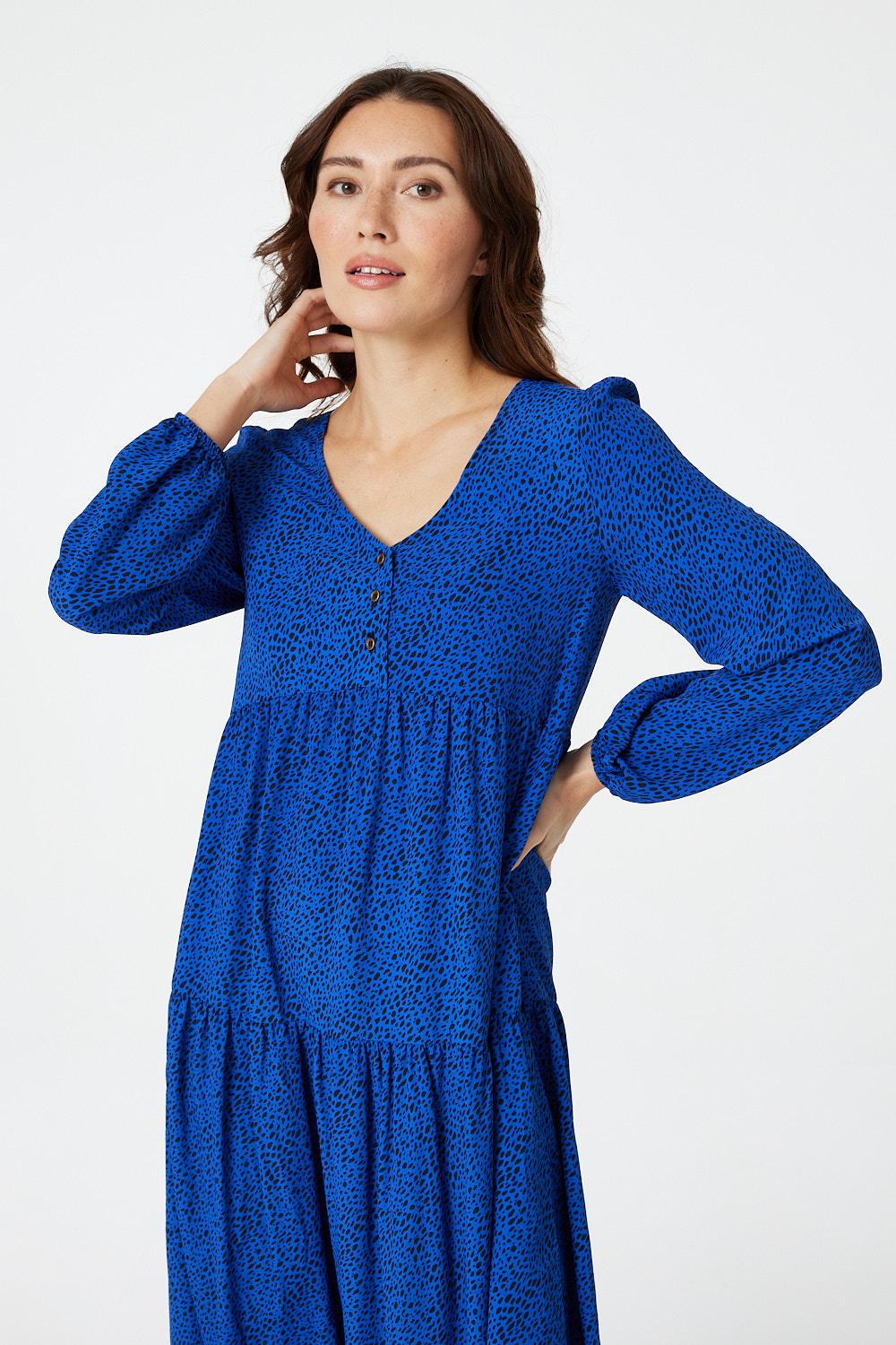 Blue | Polka Dot V-Neck Tiered Midi Dress
