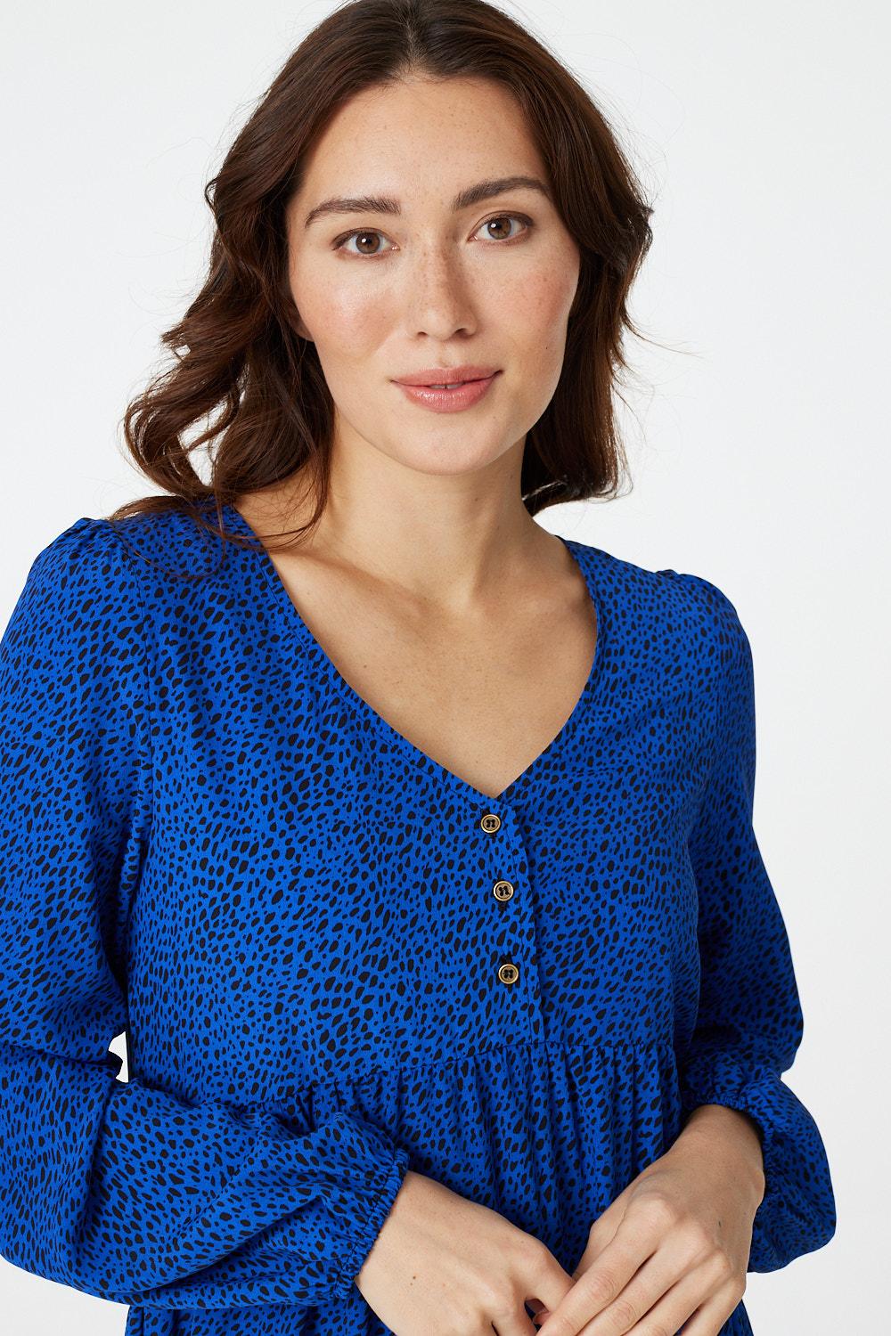 Blue | Polka Dot V-Neck Tiered Midi Dress