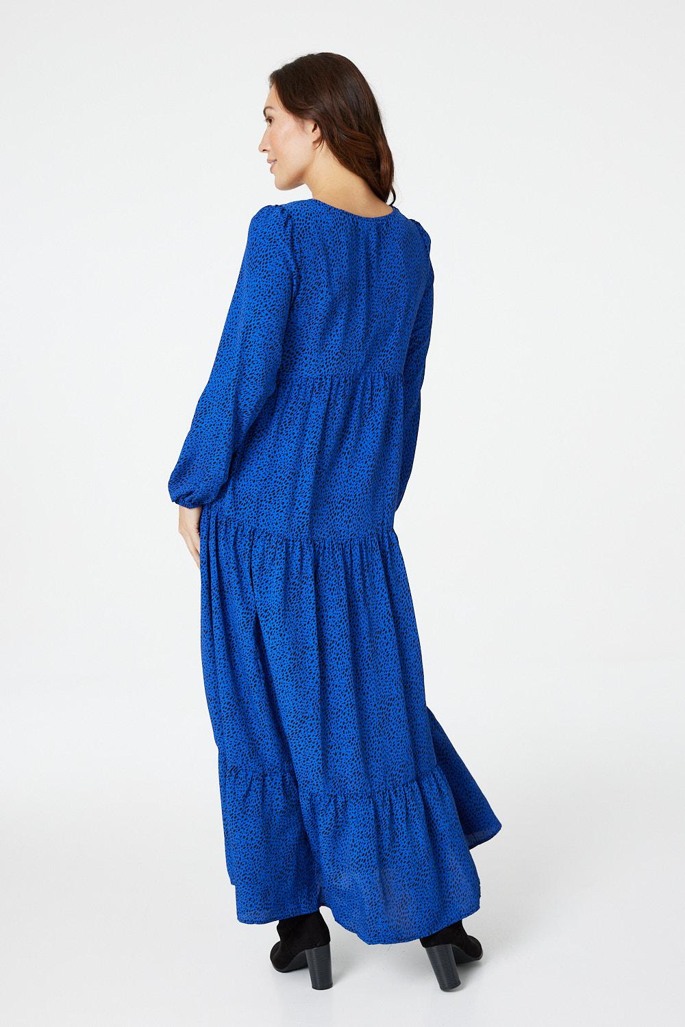 Blue | Polka Dot V-Neck Tiered Midi Dress