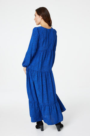 Blue | Polka Dot V-Neck Tiered Midi Dress