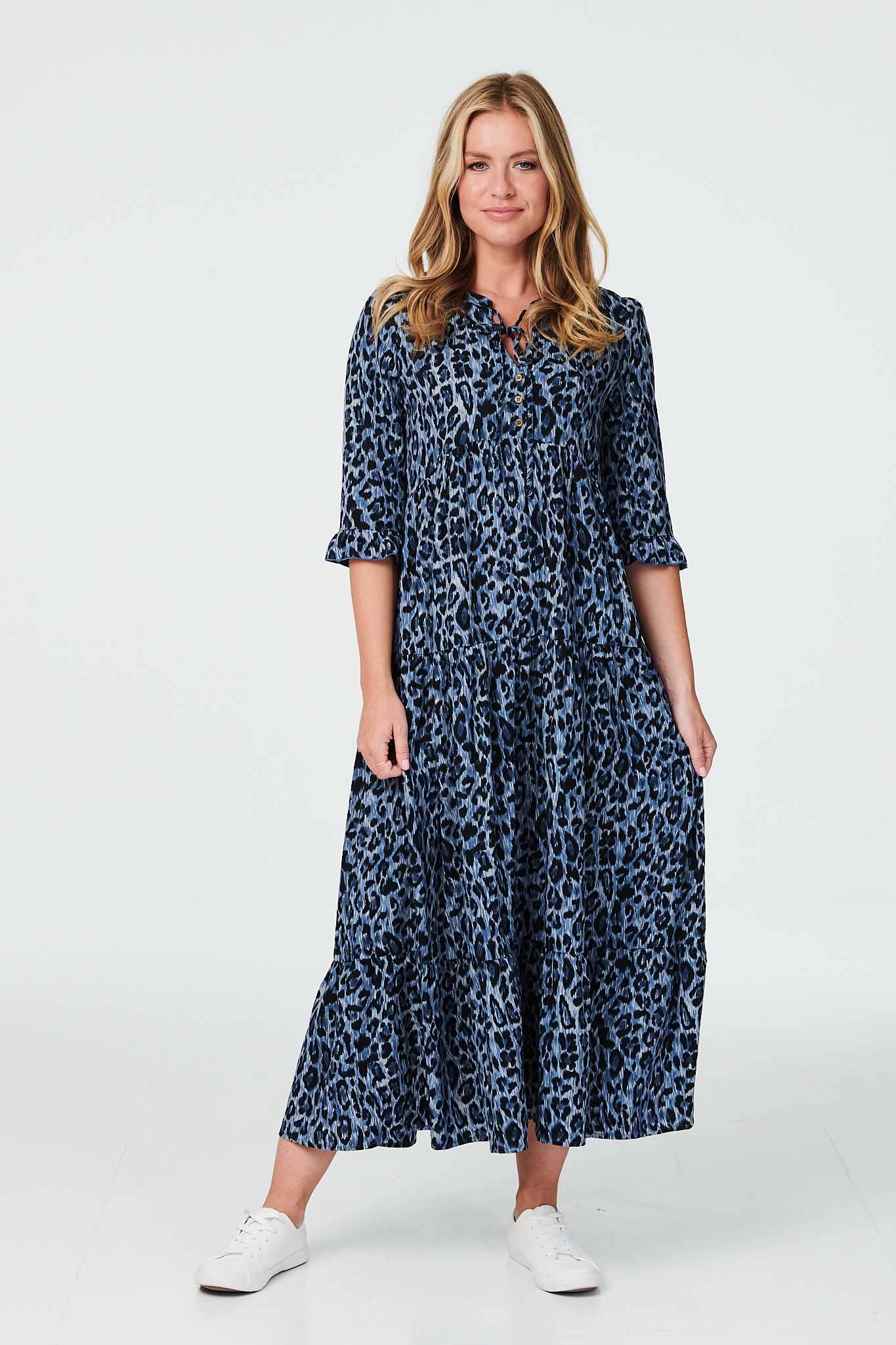 Blue | Animal Print 3/4 Sleeve Smock Dress