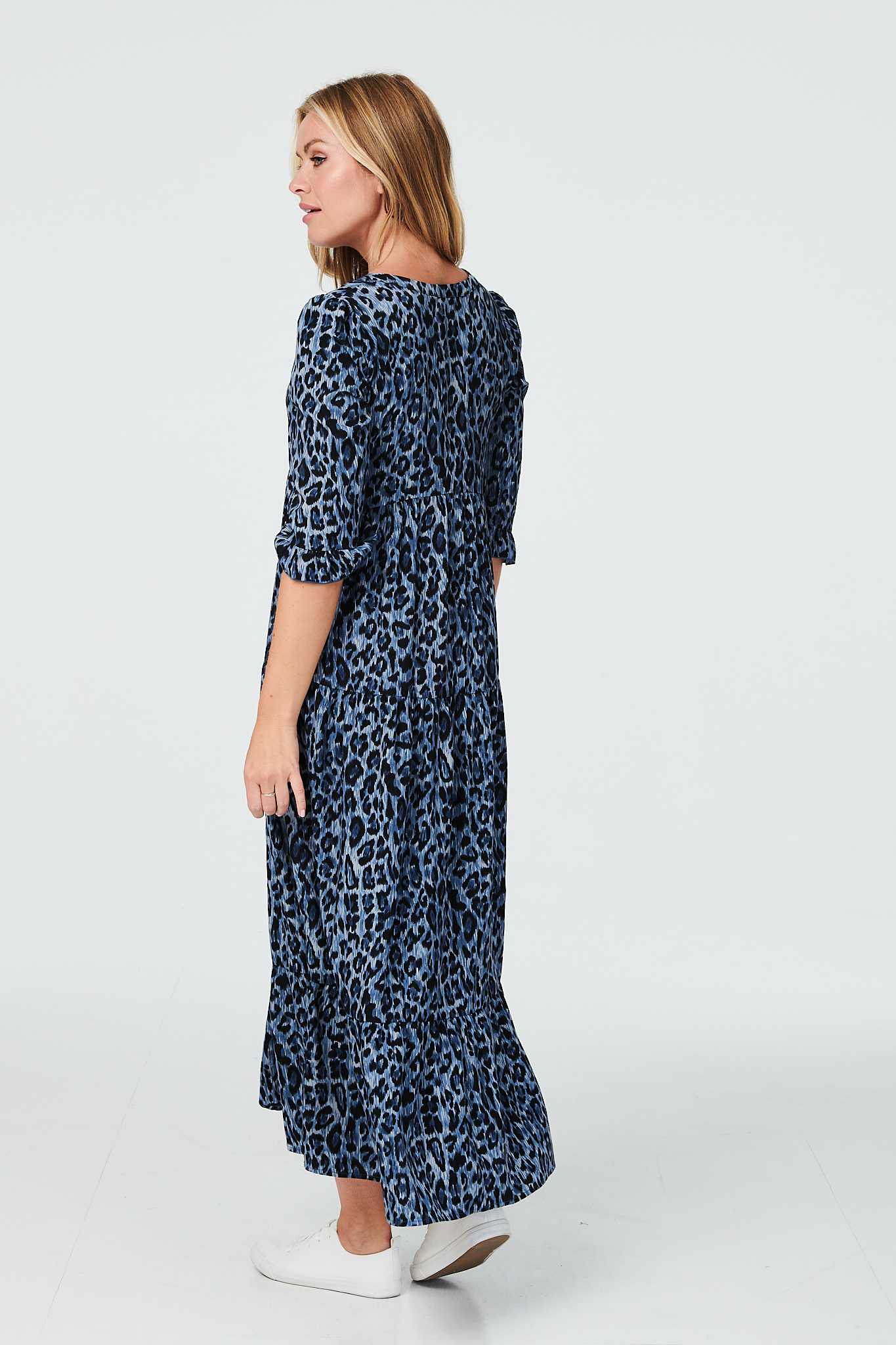 Blue | Animal Print 3/4 Sleeve Smock Dress